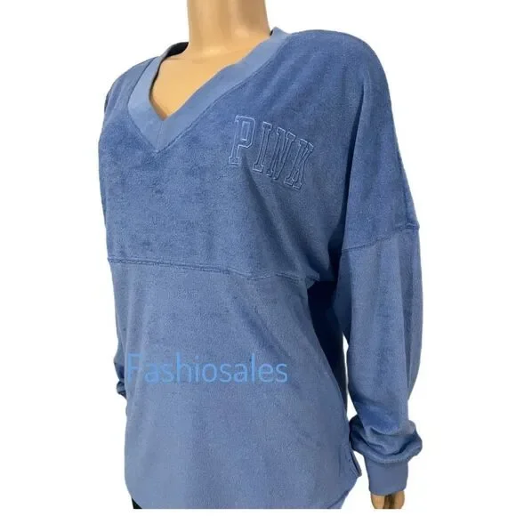 Victoria’s Secret Pink Varsity Terry Cloth V Neck Oversized Pullover - Picture 5 of 10